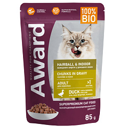 Award Hairball & Indoor влажный корм для кошек взрослых домашних, для выведения шерсти, кусочки в соусе с уткой 85гр