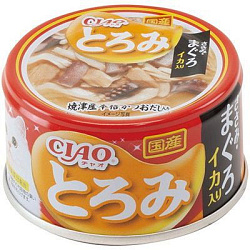 INABA Ciao Toromi влажный корм для кошек с куриным филе, тунцом магуро и кальмаром, в бульоне 80гр