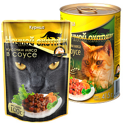 Ночной охотник влажный корм для кошек курица кусочки мяса в соусе 415гр