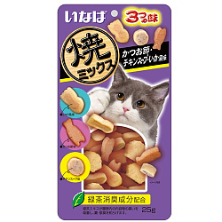 INABA Yakimiksu Лакомство для кошек Снеки с кацуобуси и куриным бульоном с кальмаром 25гр