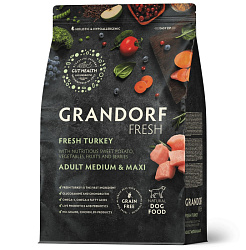 Grandorf Fresh Dog Adult Medium & Maxi Turkey & Sweet Potato корм сухой беззерновой для собак взрослых средних и крупных пород с индейкой и бататом 1кг
