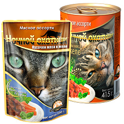 Ночной охотник влажный корм для кошек мясное ассорти кусочки мяса в желе 415гр