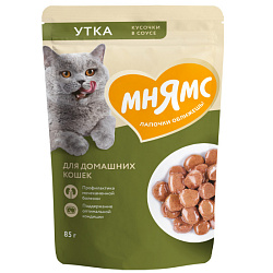 Мнямс влажный корм для кошек домашних кусочки с уткой в соусе 85гр