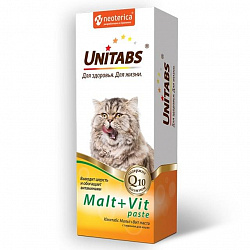 Unitabs Malt+vit с Q10 паста для кошек выведение шерсти 120мл