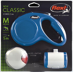 Поводок рулетка FLEXI classic M трос 5м до 20кг+фонарик красный