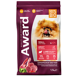 Award корм сухой для собак взрослых мелких и миниатюрных пород, с ягненком, индейкой, брокколи и брусникой 1,5кг