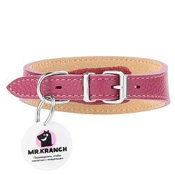 Mr.Kranch Ошейник-селедка из натуральной кожи с QR-адресником, 21-25 см, малиновый