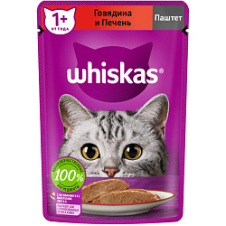 Whiskas влажный корм для кошек паштет с говядиной и печенью 75гр