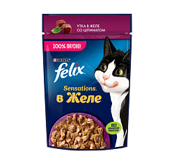 Felix Sensations влажный корм для кошек взрослых с уткой и шпинатом в желе 75гр